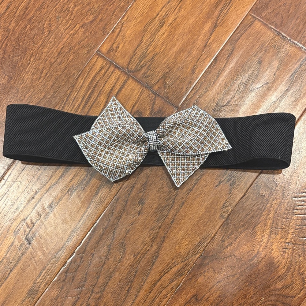 One size stretchy Elegant Black and Silver Rhinestoned Bow Belt